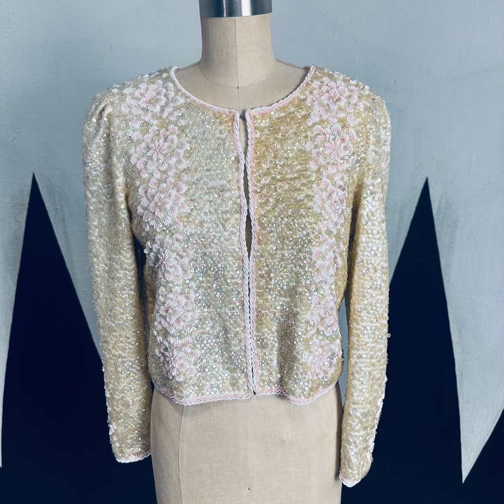 Vintage Semplice Beaded and Sequin Top - Cream and Pink